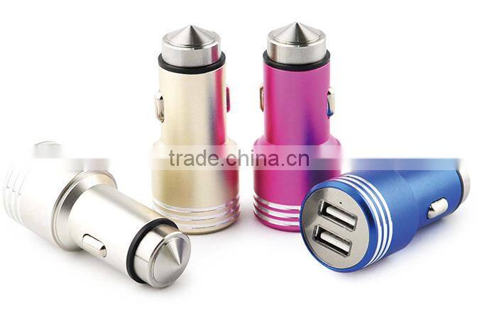 2016 New High Quality 5V 3.1A Car Chargers Dual 2 USB Stainless Steel Emergency Escape Hammer Chargers