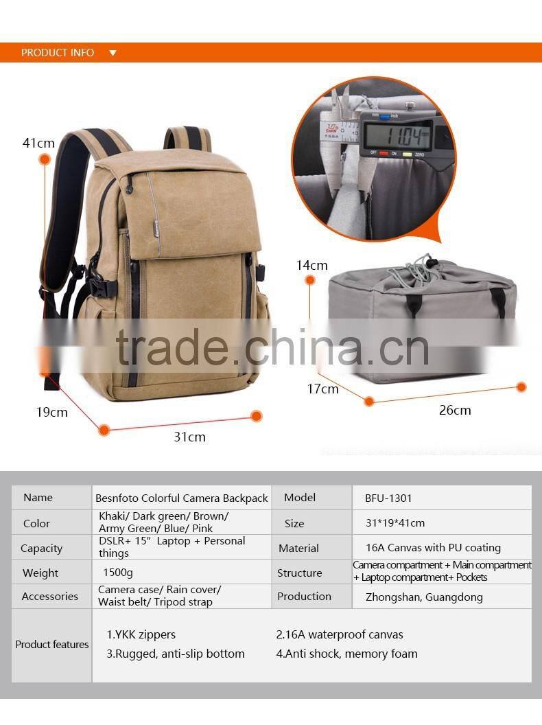 High Quality Durable Canvas Backpack Army Green Rucksack Bag for Camera Laptop