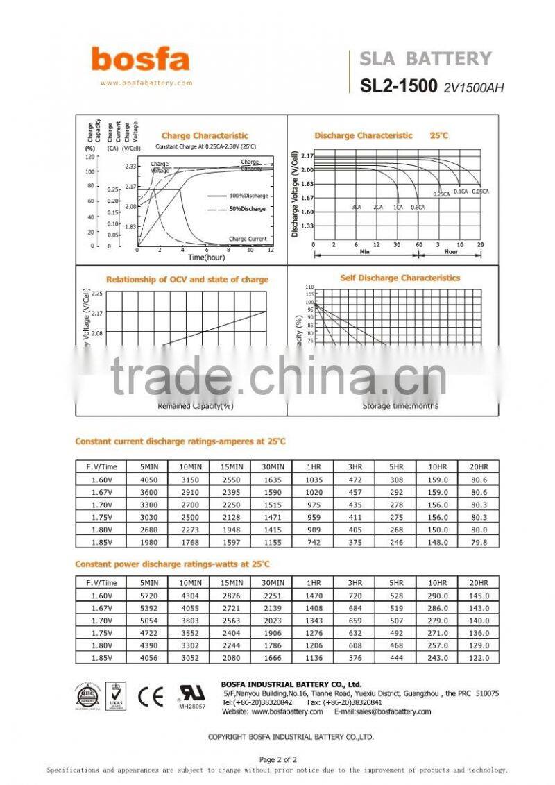 long lfe solar batteries 1500ah 2v SL series battery