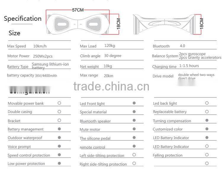 10km/h speed bluetooth 4.0 2 wheel electric self-balance scooter