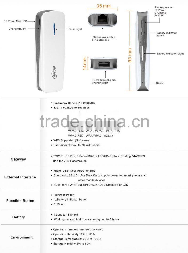 hame MPR A1 mini usb wireless 3g 4g router with 1800mAh power bank