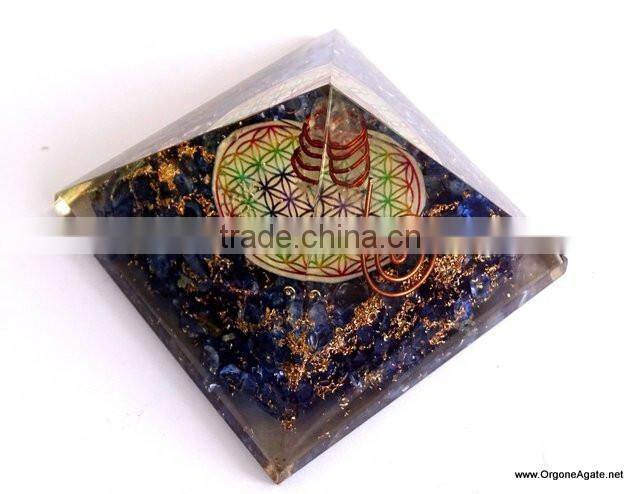Quality Big Orgone Indigo Chakra Pyramid With Flower Of Life Symbol And Crystal Point | Reiki Pyramid