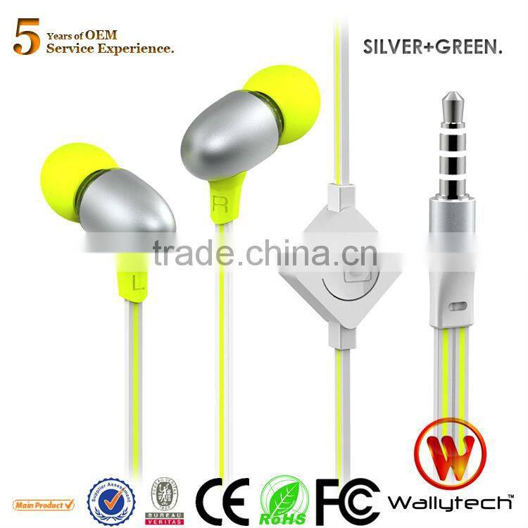 Newest 2013 Wallytech WHF-124 Metal in-ear Earphone with Microphone Flat Cable for iPhone for Samsung