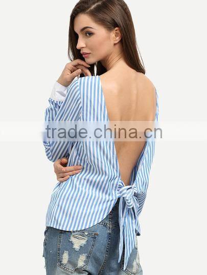 Blouses latest fashion design women clothing Blue Striped Tie Back Backless Long Sleeve Blouse