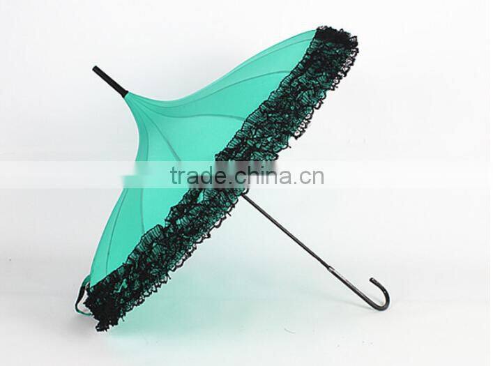 lady umbrella different color Long handle serging pagoda umbrella pagoda parasol with lace edge