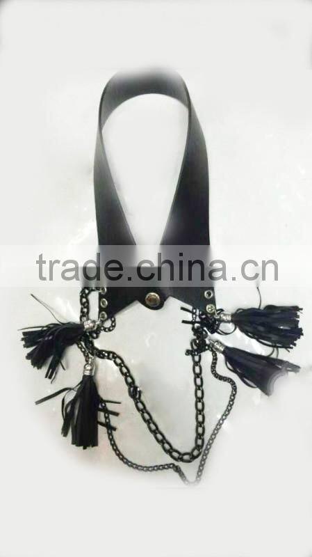 Popular Collar Necklace Black Leather Chokers w/ Long Chain & Leather Tassle 2016 Fashion Style Wholesale