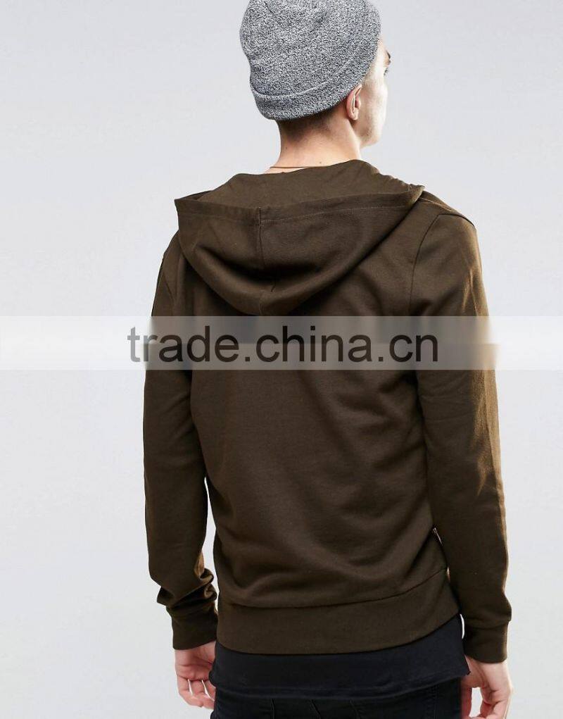 Promotion men 100% cotton high quality white zipper rib hem blank khaki hoodie