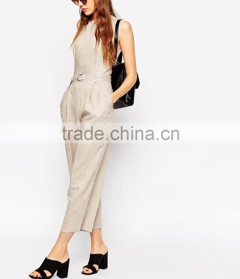 Linen round neckline sleeveless belt waist made in china long jumpsuit