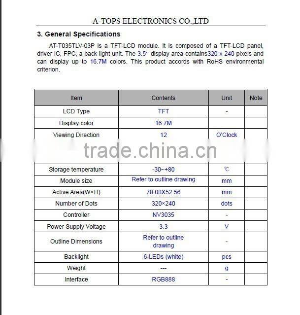 3.5 inch tft touch screen 320*240 with RGB interface