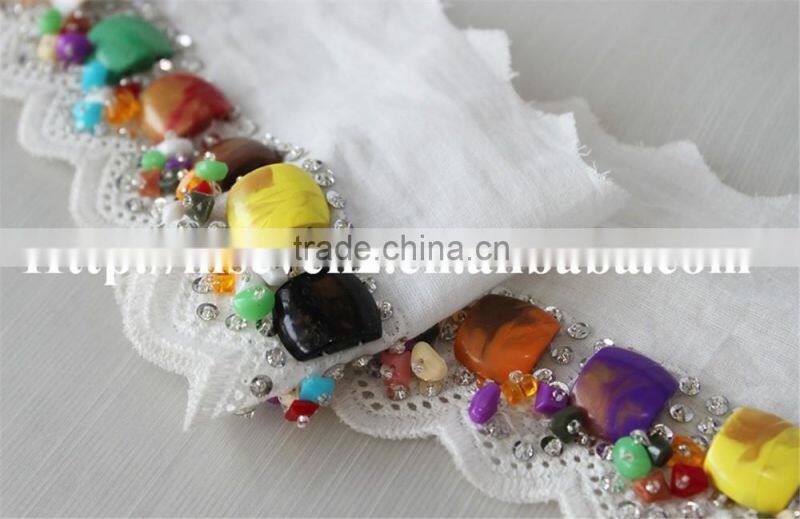 100% cotton water soluble lace trim with colorful beaded design for sale