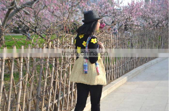 paper straw color women beach tote bag with cloth handle