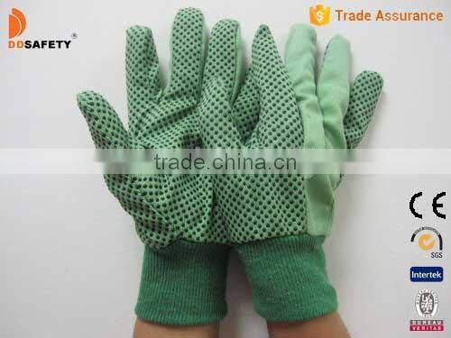DDSAFETY 2017 Hot Selling Green Cotton Drill Gloves With Black Dots Canvas Chore Working Safety Gloves