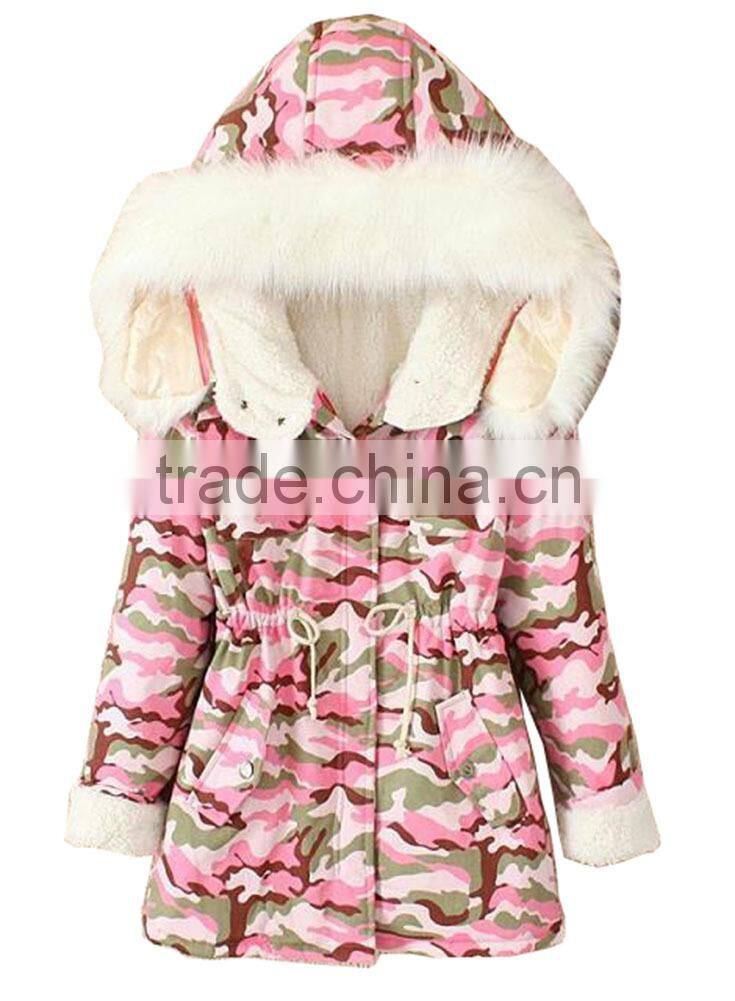 Women's Thicken Camouflage Fleece Faux Fur Warm Winter Coat Hooded Parka Overcoat Jacket