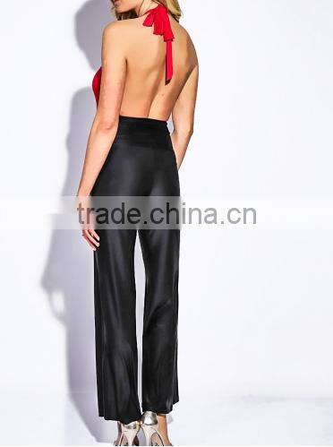 New sexy women backless COLOR BLOCK RUCHED DRAPE HALTER fit bodycon PARTY WIDE LEG JUMPSUIT OEM cheap