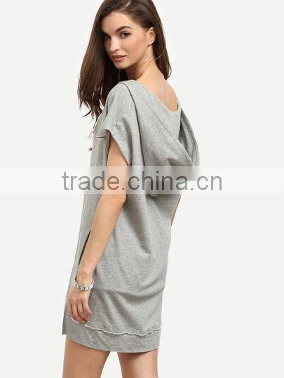 high quality fashion lady longline short sleeve hoody with string