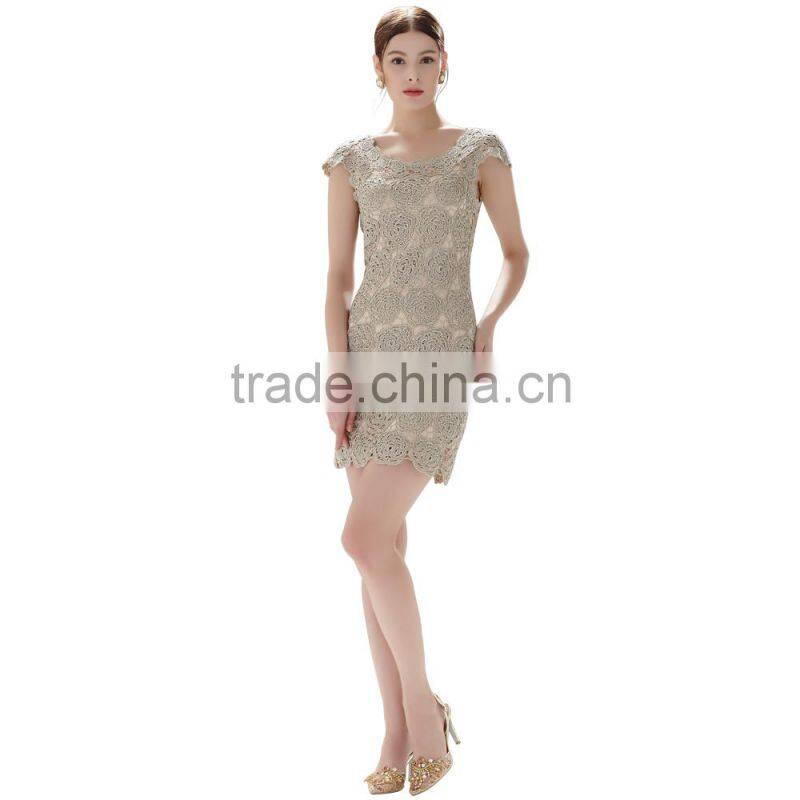 Short Sleeve Flower Cut-out Metallic Effect Ladies Slim Body Crochet Dress SR- D782