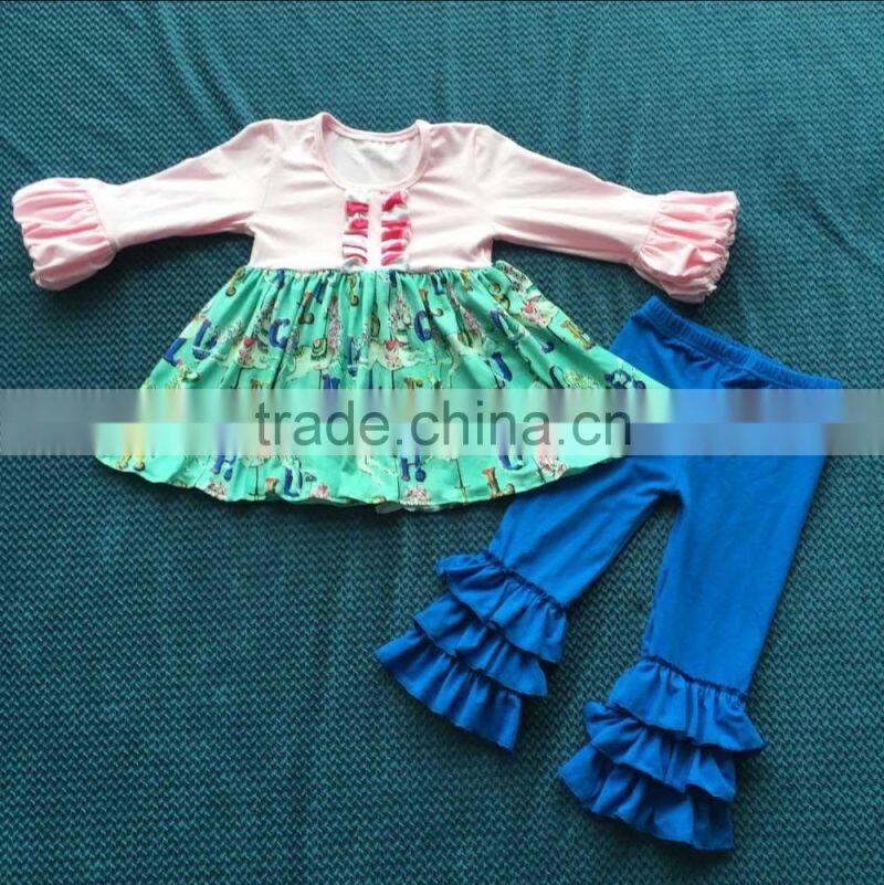 2015 ney style puff sleeve pink top with bib carousel dress and solid blue ruffle pants YW-193