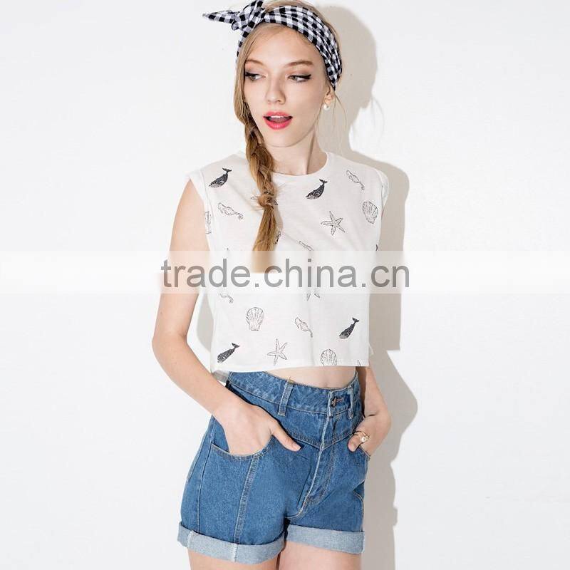 high quality sexy front shell printed sleeveless crop tops/t shirt