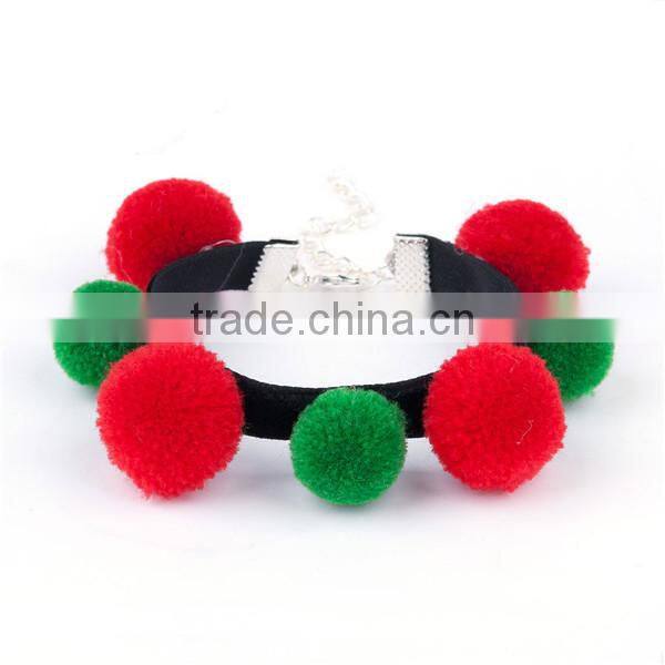 Best Selling Silver Plated Christmas Red & Green Pom Pom Ball Cashmere & Velveteen Bracelets