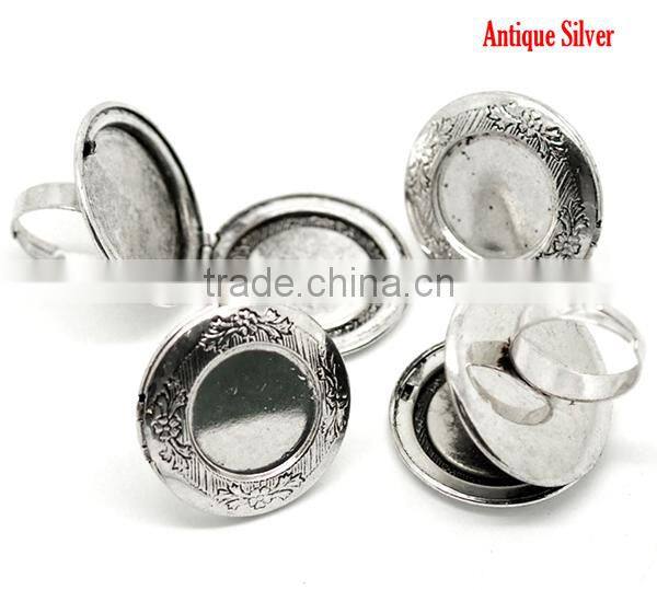 5PCs Antique Silver Round Photo Frame Locket Rings 17.5mm US 7, Fit 24mm Dia. Ring Setting