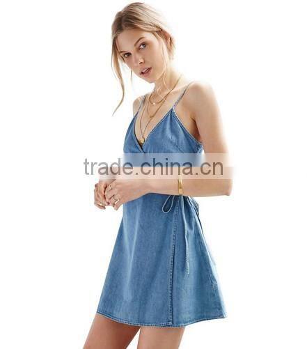 Apparel Denim Sexy Blue Plunge Neck Dress Spaghetti Strap Sashes Wrap Dresses Backless Sleeveless Street A-line Dress
