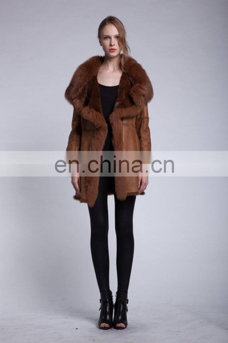 Luxury Fox Fur Trimmed Sheepskin Fur Garment Winter Fox Fur Hood Fur Jacket Bonjovi Original Design DOUBLE FACE Fur Coat