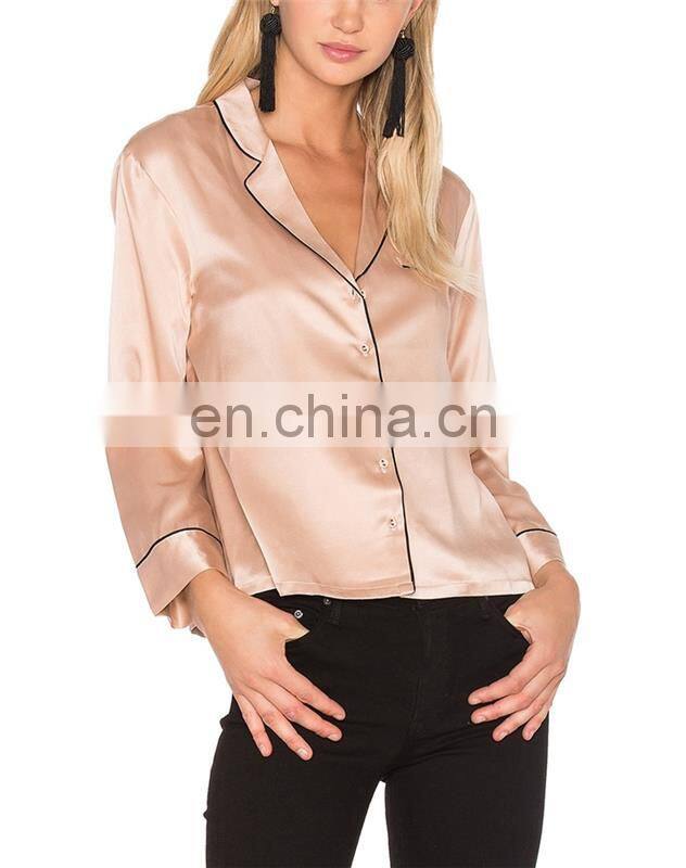Pink Silk Satin Blouse For Women Smart Casual Wear Pajamas Style Long Sleeve T-Shirt