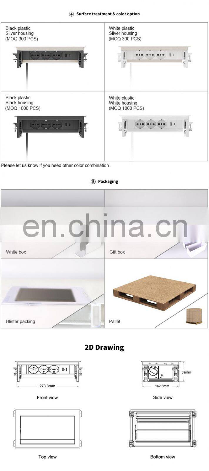 Flip power box for Office desk with USB A C charger