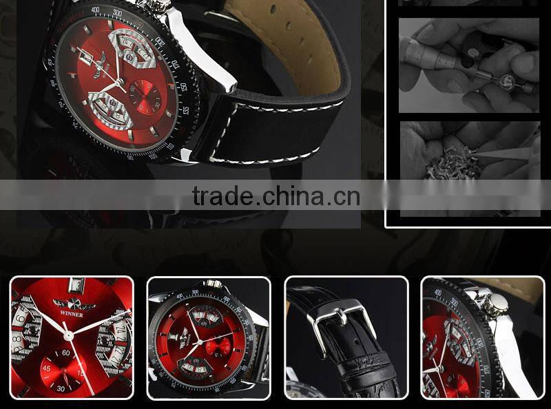New Mens Red Dial Leather Strap Classic Design Self-Wind Up Mechanical Automatic Watch WM122