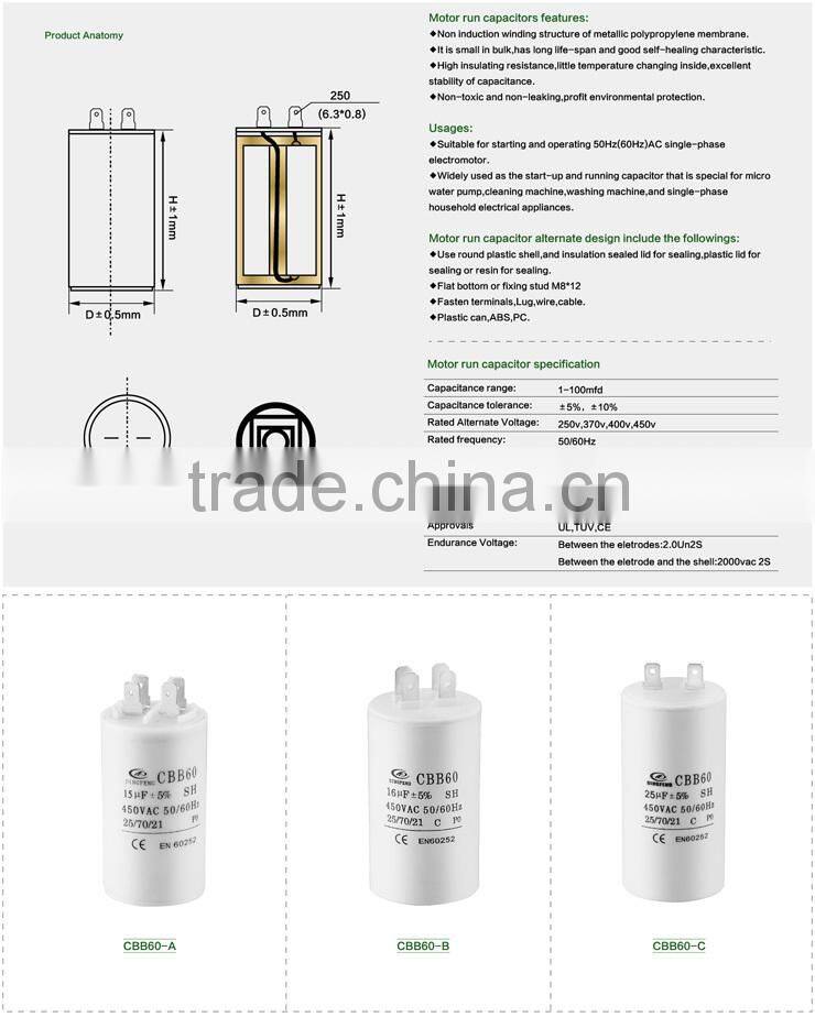 capacitor cbb60 500v/ cbb60 start capacitor/ motor capacitor cbb60 150uf 250v free samples