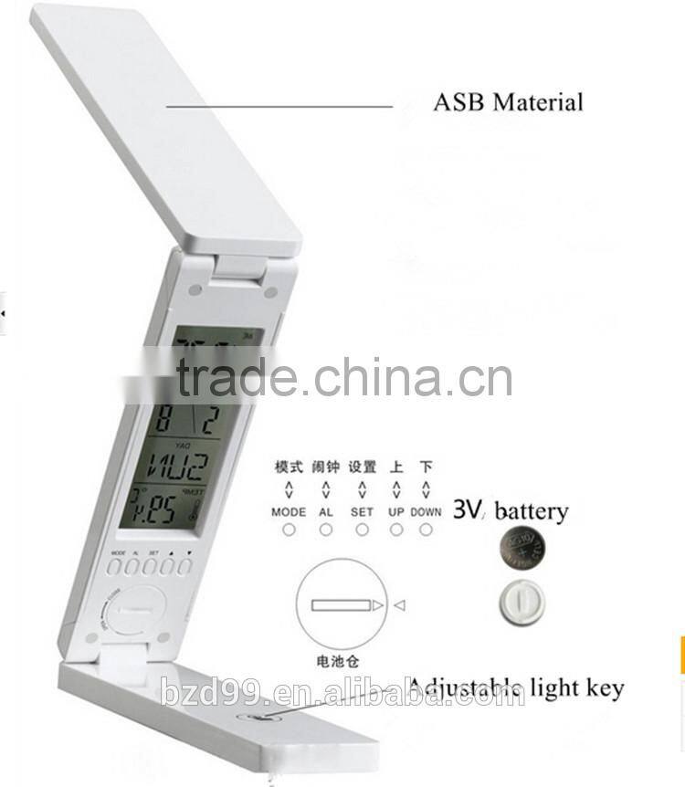 Fashionable USB Port Recgargeable Flexible Folding LED Table Lamp with Calendar Timer Temprature and Alarm Clock Functions
