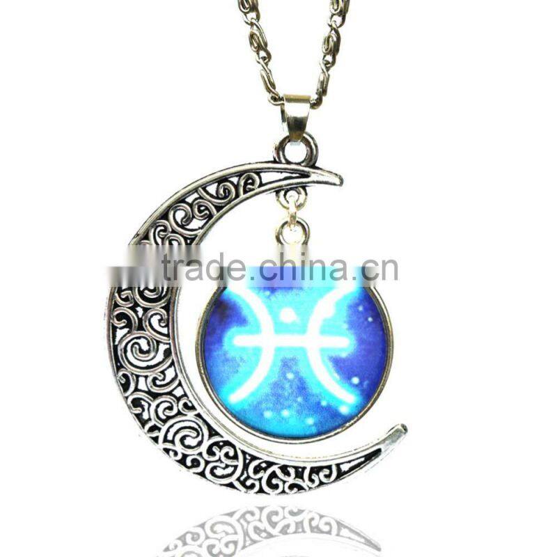 Glass Gemstone Zodiac Sign Pendant Chain Necklace Womens Jewelry