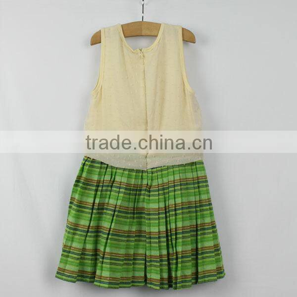 One piece girls casual green striped dress with upper cream chiffon fabric