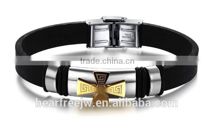 Charm Rubber Silicone Chain Gold Cross wristband bracelet for mens with stainless steel buckle