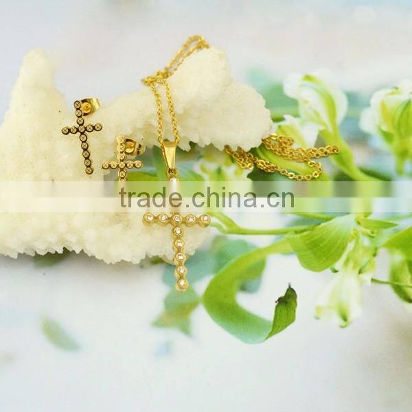 Hot fashion cross with crystal set stainless steel necklaces and Earrings Set