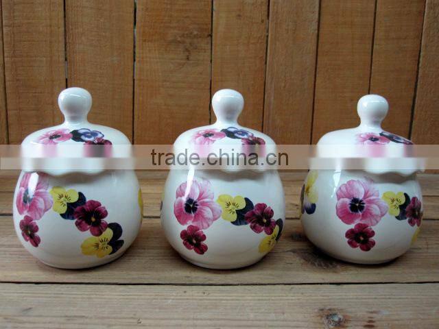 Morning Glory Decal Ceramic Tea Coffee Sugar Jars Set with Pink Lid