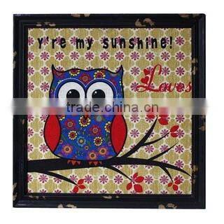 Vintage Wood Frame Jute Wall Printing With Owl
