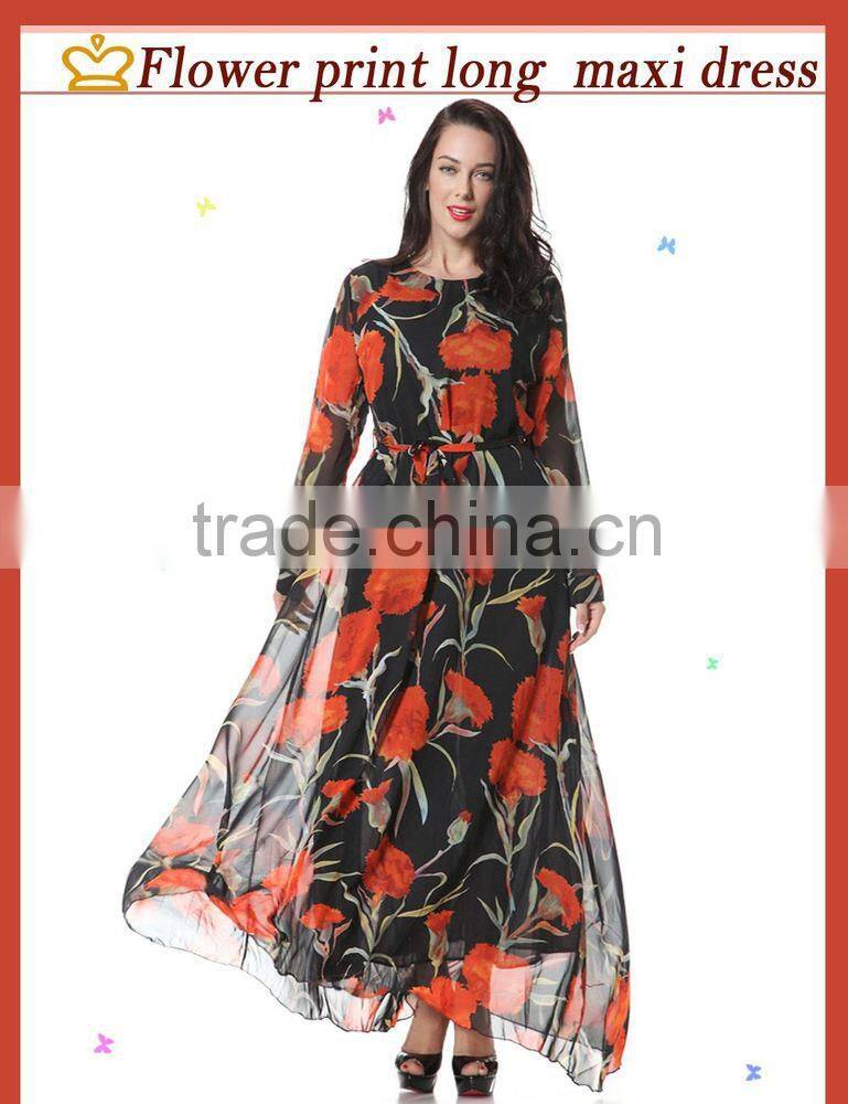 2016 new spring Couture high-end big long sleeved printed chiffon dress
