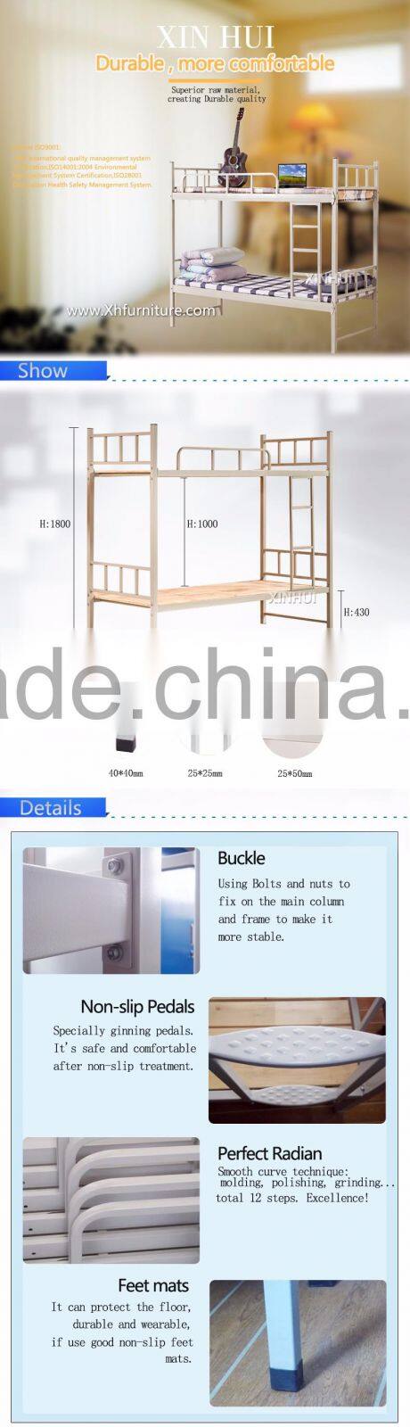High quality modern design school dormitory use student metal bunk bed