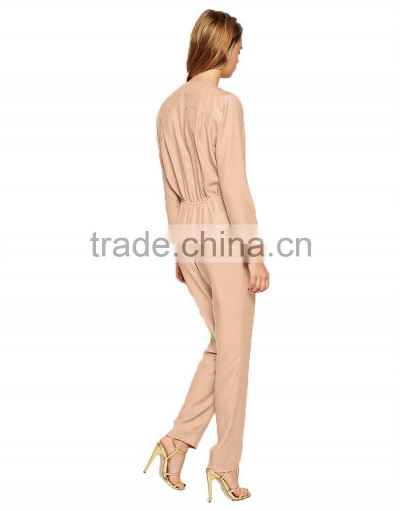 Long sleeve v-neckline pink wrinkled elastic elegant women long jumpsuit