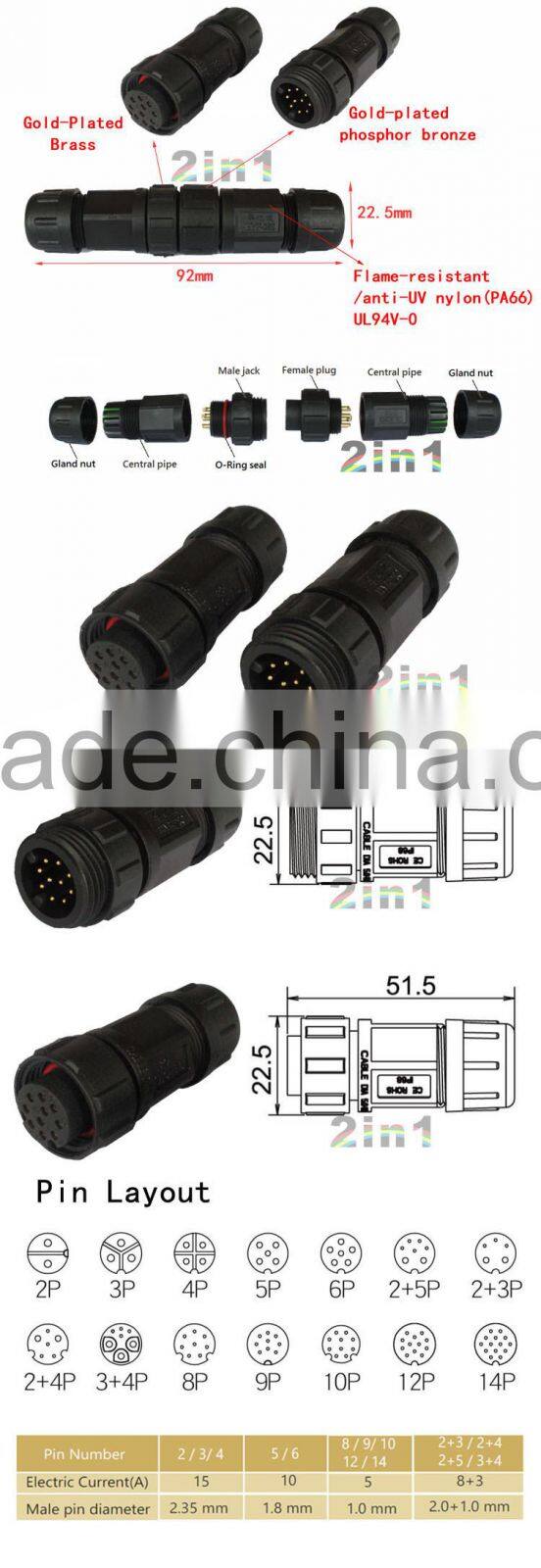 SQ19-10P IP68 Soldering Electric Cable Wire Waterproof Connector