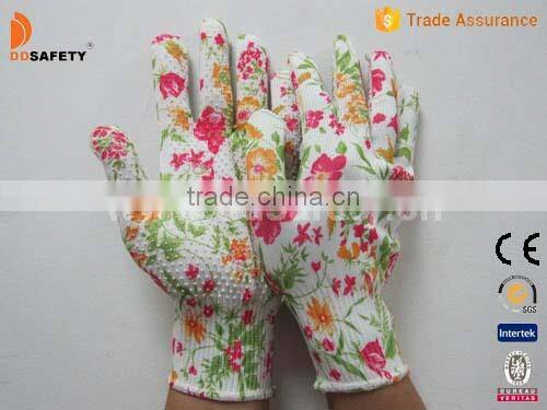 13 Guage Flower Design Seamless Gloves Garden Gloves With PVC Dots On One Sides