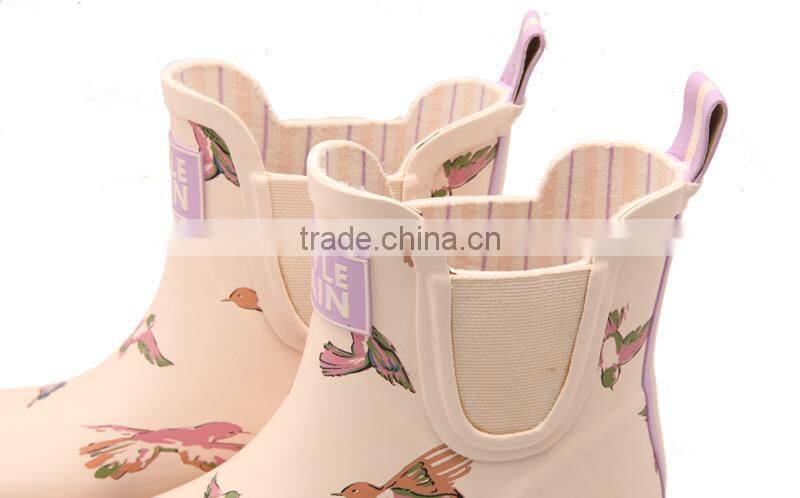beige cream color bird printed girls soft comfortable warm winter waterproof shoes garden use antislip outsole rain boot wellies