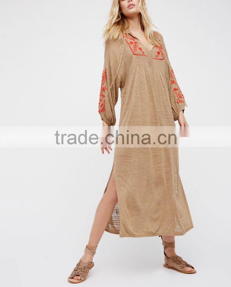 2017 Boho Hippie Clothing Spring Summer Embroidered Rayon Plunging Neckline Long Sleeve Maxi Dress HSD5947