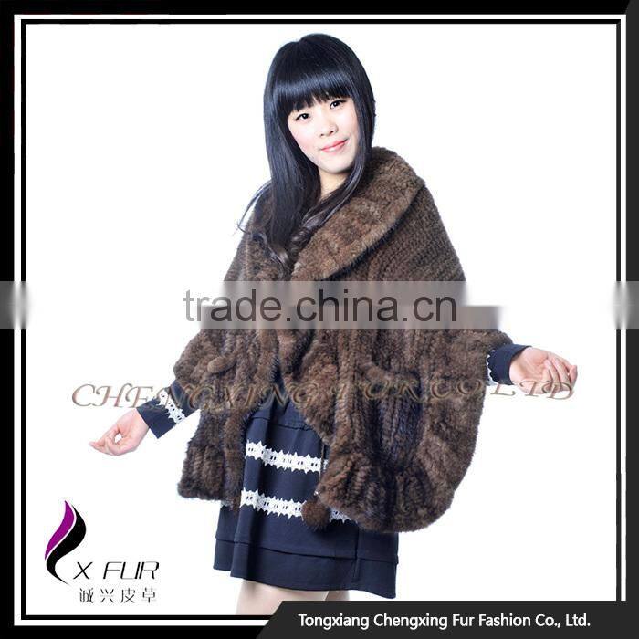 CX-B-M-105A Brown Color In-Stock 2016 New Design Knitted Mink Fur Women Fur Shawl