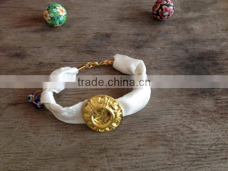 fabric cloth Bracelet with gold charm, silk cloth Bracelet with evil eye bead charm new design fabric bracelet