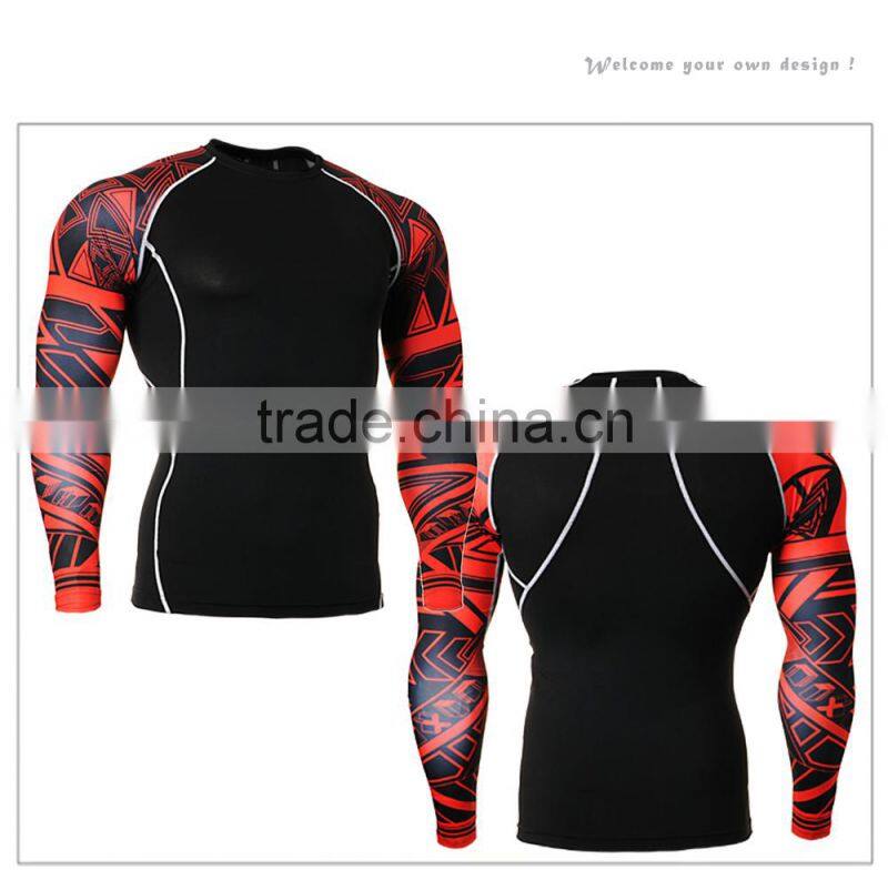 Mens fit slim tee shirt compression t-shirt boys design printing sexy cycling wear man long gym t-shirt