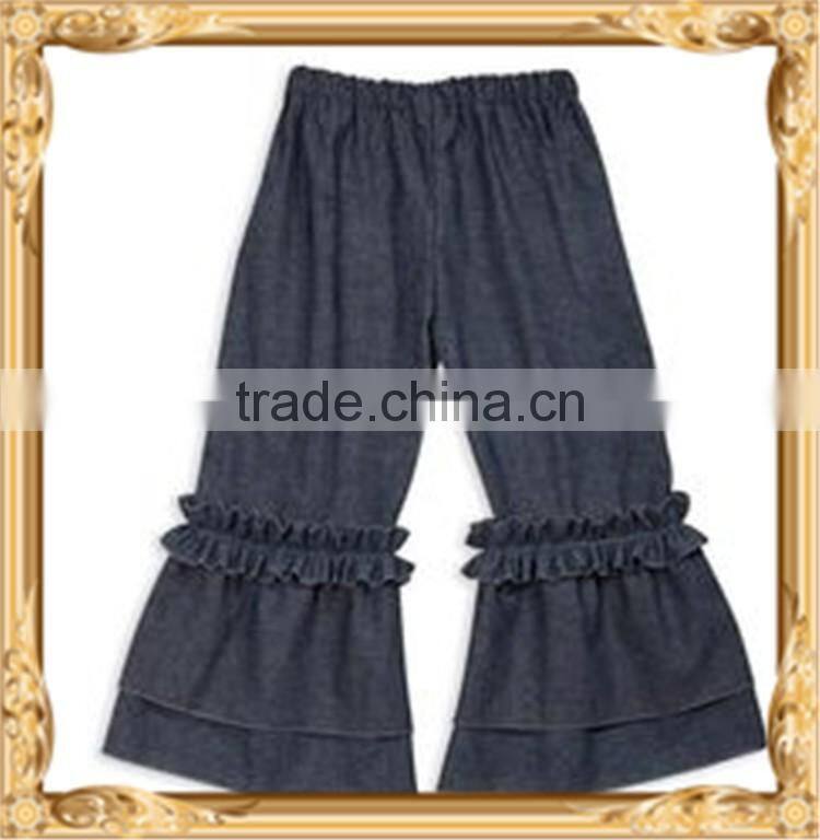 Denim ruffle pants latest design jeans pants for girl low moq wholesale ruffle denim pants