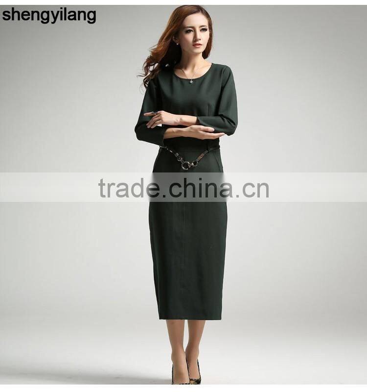 back split simple 3/4 sleeve long dress with belt