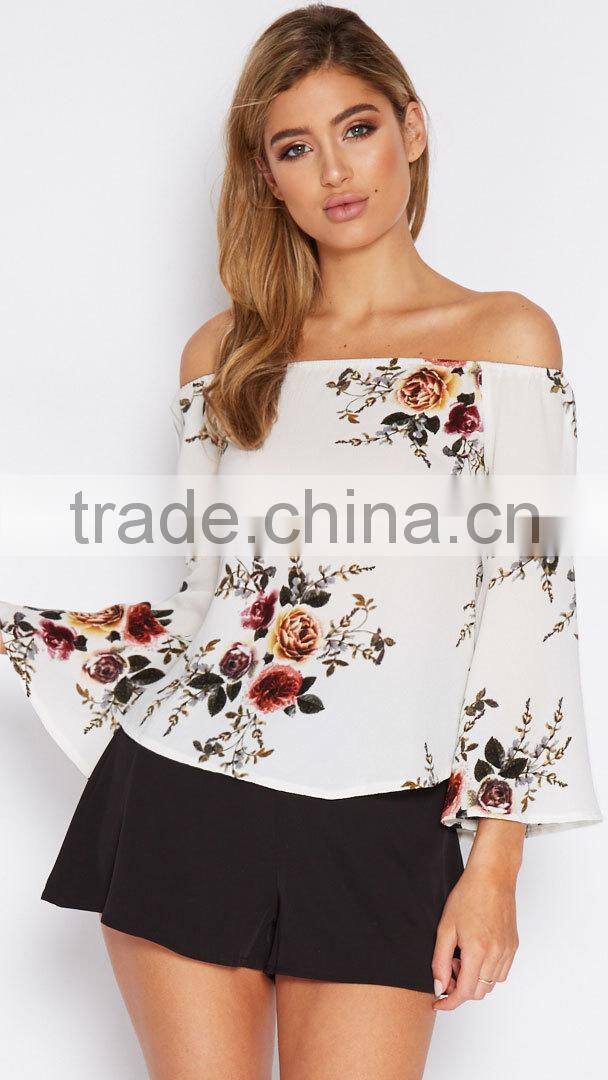 Hot Selling women casual floral printed off shoulder boat neck designs fashion long sleeve blouse for wholesale 2017